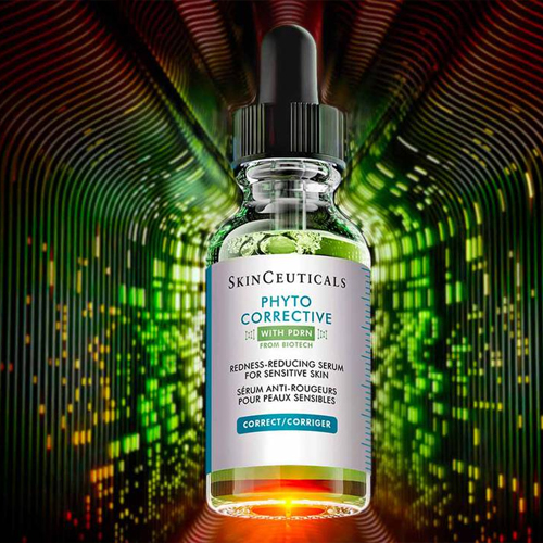 SkinCeuticals Phyto Corrective serumflesje in een futuristische rode en groene tunnel