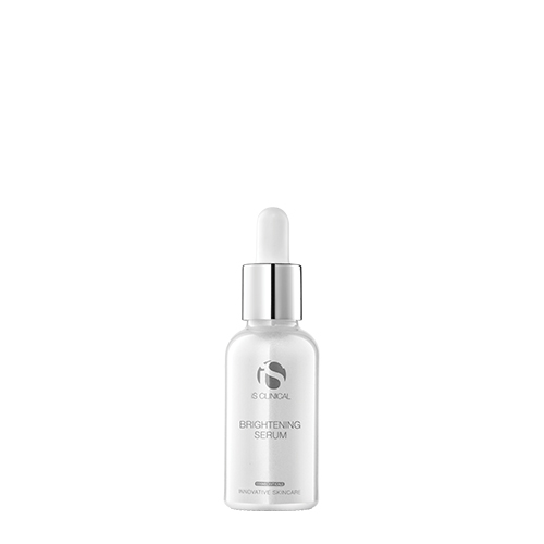 Een witte fles van iS Clinical Brightening Serum met een zilveren dop en witte pipet, 30ml.