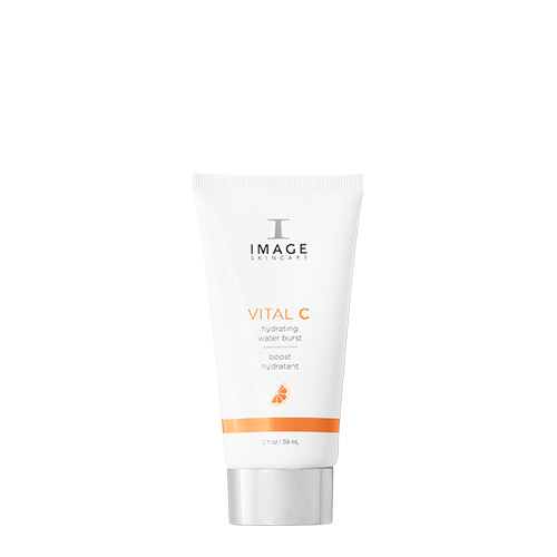 Een witte tube IMAGE Skincare VITAL C hydrating water burst met zilveren dop en oranje accenten.