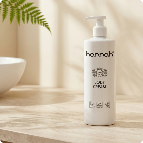 hannah Body Cream op een beige wastafel