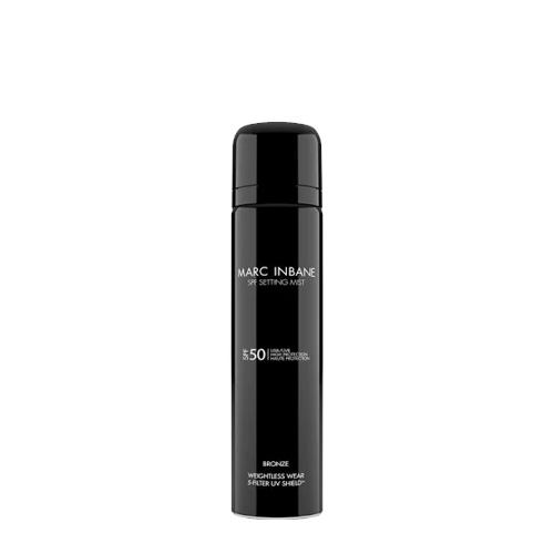 Een productafbeelding van de Marc Inbane SPF 50 Setting Mist Bronze in een zwarte 75ml spuitbus