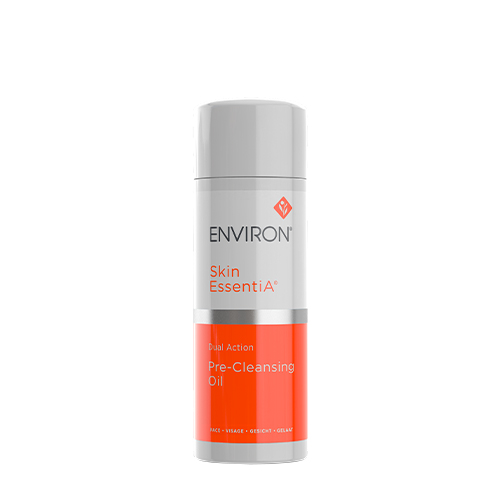 Een vrijstaande flacon van de Environ Skin EssentiA Dual Action Pre-Cleansing Oil met een transparante dop tegen een witte achtergrond.
