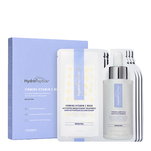 Een overzicht van de complete HydroPeptide Firming Vitamin C Mask set met doos, zakje en activator flesje.