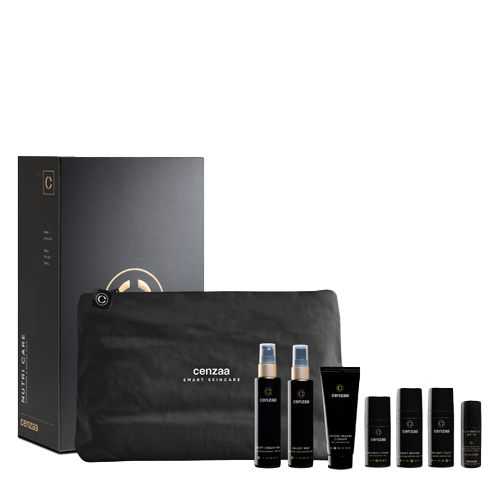 Cenzaa Nutri Care skincare discovery set inclusief verpakking, etui en een selectie voedende huidverzorgingsproducten in luxe zwarte flacons en tube.