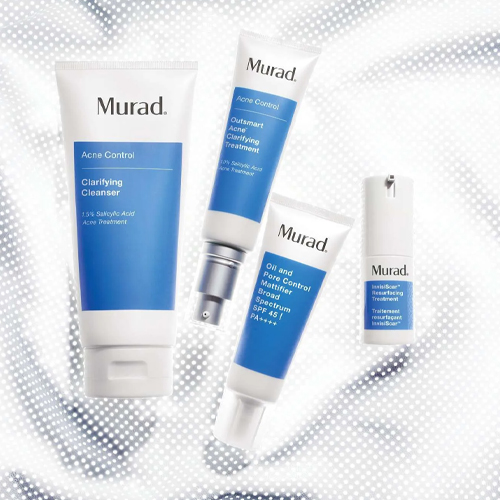 Sfeerimpressie van verschillende Murad Acne Control huidverzorgingsproducten op een witte achtergrond
