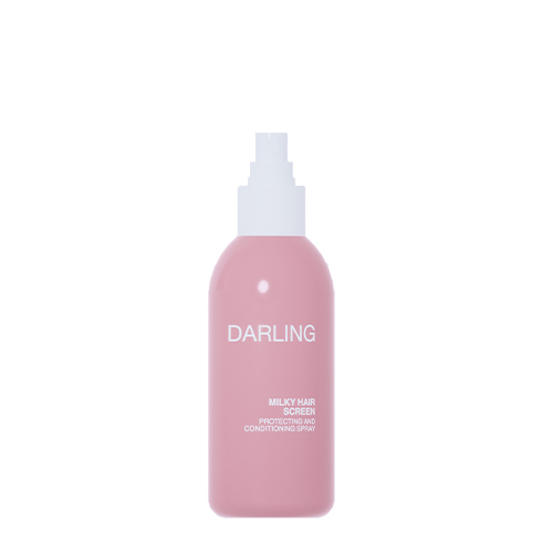 Vooraanzicht van de roze Darling Milky Hair Screen fles zonder de grote dop, waarbij de witte verstuiver zichtbaar is.