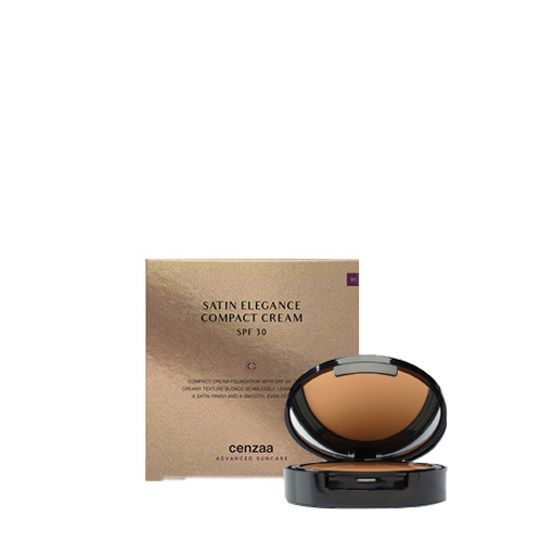 Een luxe goudkleurige verpakking en geopende zwarte compact poederdoos van Cenzaa Satin Elegance Compact Cream SPF 30 in de kleur No. 3 Mocha. De crème foundation heeft een spiegel in de deksel.
