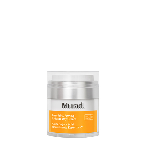 Witte en zilveren pot van Murad Essential C Firming Radiance Day Cream met een oranje label op een witte achtergrond