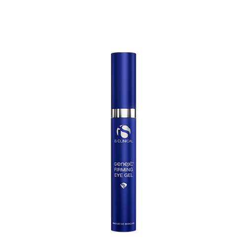 Een rechtopstaande en gesloten blauwe huls van de iS Clinical Genexc Firming Eye Gel met zilveren letters tegen een witte achtergrond