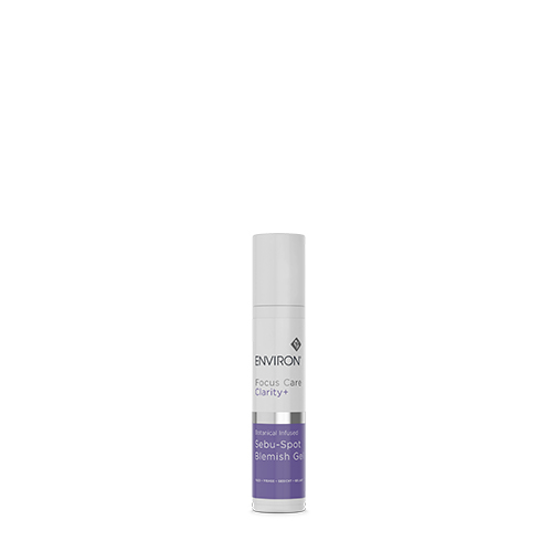 Productfoto van een 10ml flacon Environ Focus Care Clarity+ Botanical Infused Sebu-Spot Blemish Gel op een witte achtergrond.