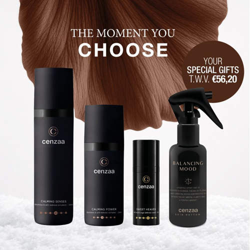 Sfeerbeeld van Cenzaa The Moment You Choose kerstset op sneeuw achtergrond met vermelding cadeaus ter waarde van 56 euro en 20 cent