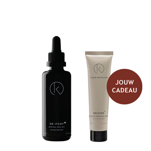 Foto van de DE-ITCHY+ en RECOVER+ in een studiesetting met witte achtergrond