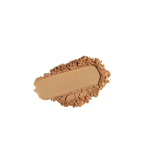 Een close-up swatch van de donkergetinte poedertextuur op een witte achtergrond, wat de pigmentatie en kleur Dark toont.