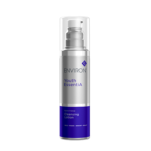 Een vrijstaande zilveren flacon van de Environ Youth EssentiA Hydra-Intense Cleansing Lotion met een transparante dop en een blauw label aan de onderzijde