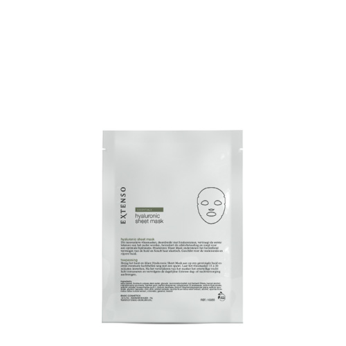 Vrijstaande productfoto van de witte verpakking van het Extenso Hyaluronic Sheet Mask op een witte achtergrond.