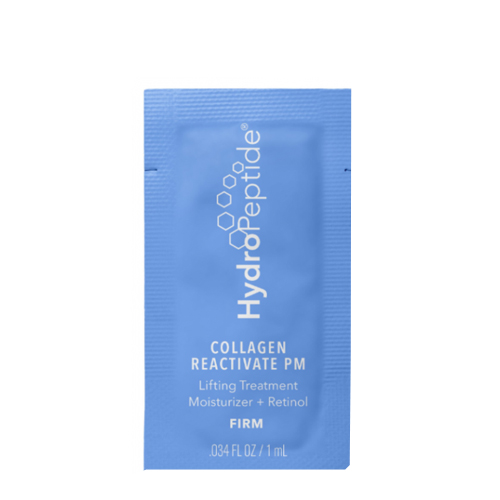 Een helderblauwe sachet verpakking van Hydropeptide Collagen Reactivate PM Lifting Treatment met retinol en een inhoud van 1 ml