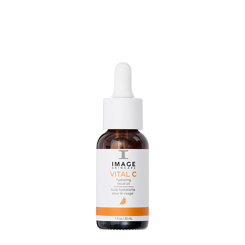 Een donkerglazen flacon van de IMAGE Skincare VITAL C Hydrating Facial Oil met een witte pipetdop en een oranje label.