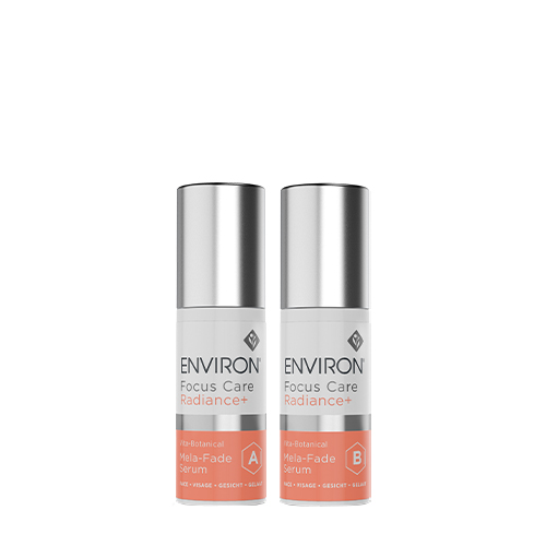 Productfoto van het Environ Focus Care Radiance+ Vita-Botanical Mela-Fade Serum System, bestaande uit twee flacons van 30ml (A en B).
