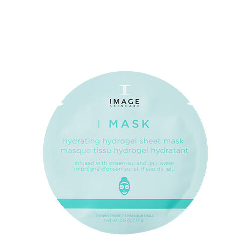 Een vooraanzicht van een enkele, ronde lichtblauwe verpakking van het hydraterende hydrogel sheetmasker.