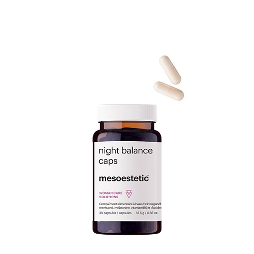 Bruine pot Mesoestetic night balance capsules met twee losse capsules erboven