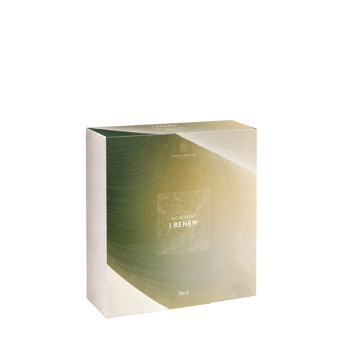 De geschenkverpakking van de IK Skin Perfection kerstset in groen en goud met de tekst The Moment I Renew op de voorzijde.