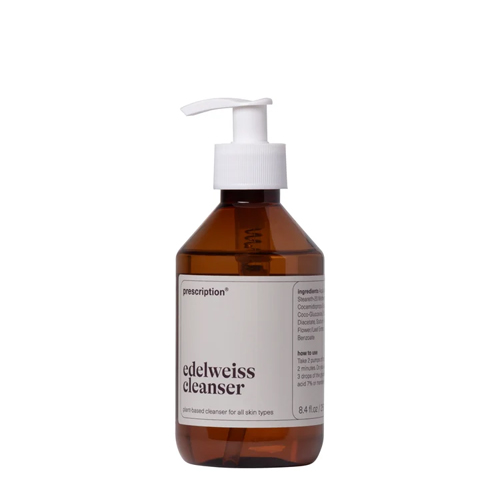 Bruine flacon Prescription edelweiss cleanser met witte pomp