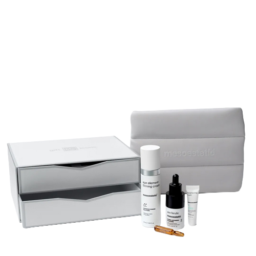 Mesoestetic Iconic Lift holiday set met een grijze opbergdoos met lades grijze toilettas en huidverzorgingsproducten zoals Age Element Firming Cream en AOX Ferulic