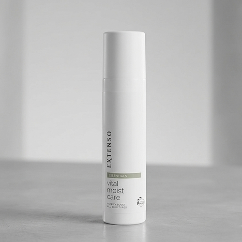 Een fles Extenso vital moist care van 50ml op een grijze ondergrond in een sfeervolle setting