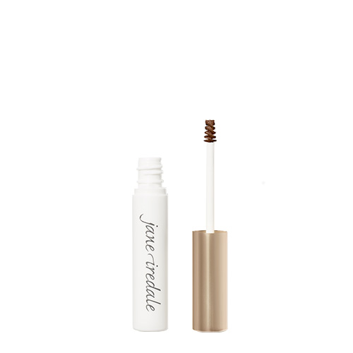 De Jane Iredale PureBrow Brow Gel is geopend, met daarnaast de applicator die een klein, spiraalvormig borsteltje met bruine wenkbrauwgel laat zien.