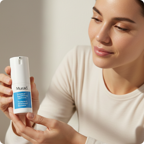 Een vrouw houdt een pompflacon Murad Invisiblur Perfecting Treatment vast en bekijkt het product