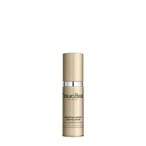 De verpakking van het Natura Bisse Essential Shock Revolution Collagen Matrix serum, een elegante goudkleurige pompflacon.