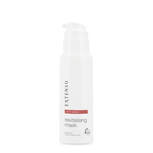 Een geopende witte fles Extenso revitalising mask met het pompje zichtbaar tegen een witte achtergrond