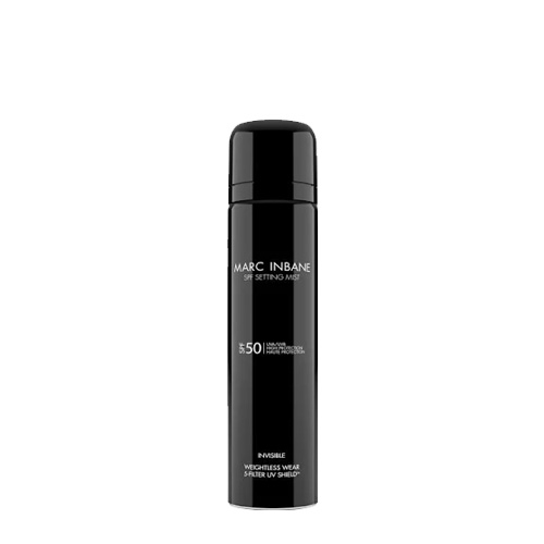 Een productafbeelding van de Marc Inbane SPF 50 Setting Mist Invisible in een zwarte 75ml spuitbus