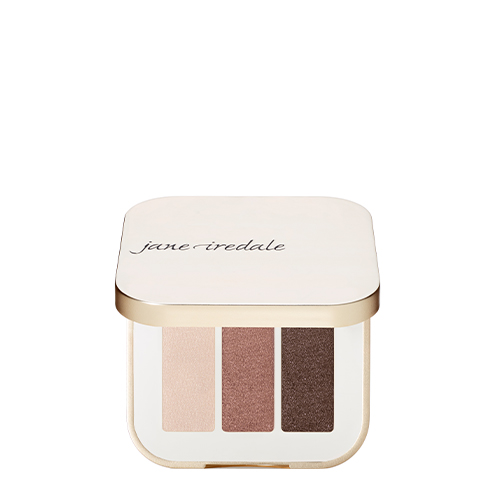 Jane Iredale Triple Pink Quartz geopende oogschaduwcompact met drie roze en minerale glanstinten en spiegeldeksel
