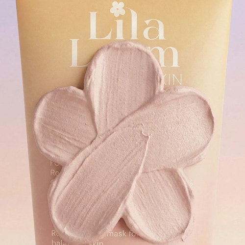 Roze kleimasker textuur van Lila Loom aangebracht op de tube in de vorm van een bloem met vijf blaadjes.