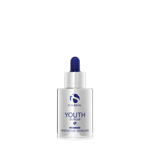 Een flesje iS CLINICAL Youth Serum met een zilveren dop en blauwe druppelaar, gepresenteerd op een witte achtergrond.