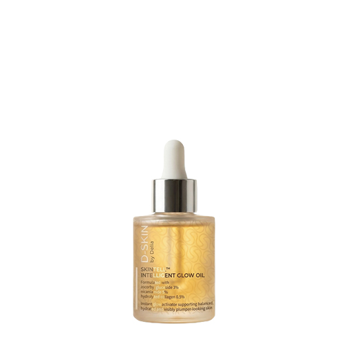 Een glazen flesje D-Skin Skintell Intelligent Glow Oil met een witte pipetdop tegen een witte achtergrond