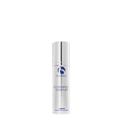 Witte flacon met pompje van iS Clinical NeckPerfect Complex verstevigende hals- en decolletécrème 50g