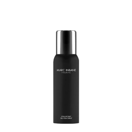 Een productafbeelding van de Marc Inbane Hyaluronic Self Tan Spray in een zwarte 100ml flacon met een glanzende zilveren dop