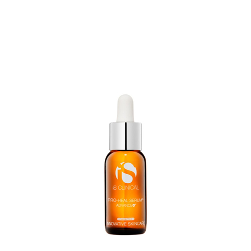 Een amberkleurige fles van iS Clinical Pro-Heal Serum Advance+ met een zilveren dop en witte pipet, 30ml.
