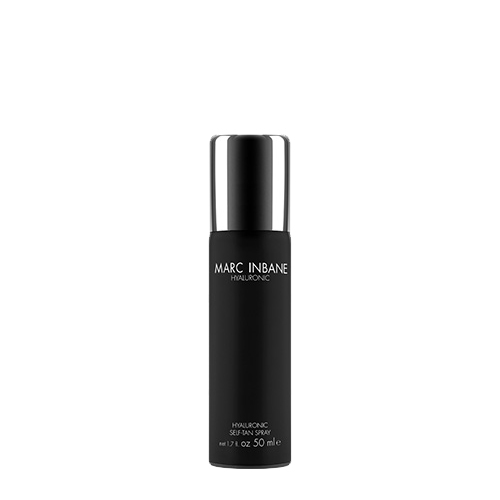 Een productafbeelding van de Marc Inbane Hyaluronic Self Tan Spray in een zwarte 50ml flacon met zilveren dop