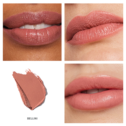 Vierdelige collage met close-ups van de lipstick in de kleur Bellini op verschillende huidtinten, een romige textuurveeg en applicatie op de lippen.