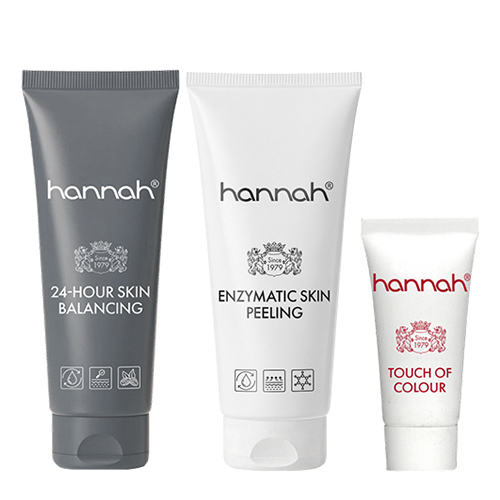 hannah Peel & Care Set met drie tubes: 24-Hour Skin Balancing, Enzymatic Skin Peeling en een mini Touch of Colour.