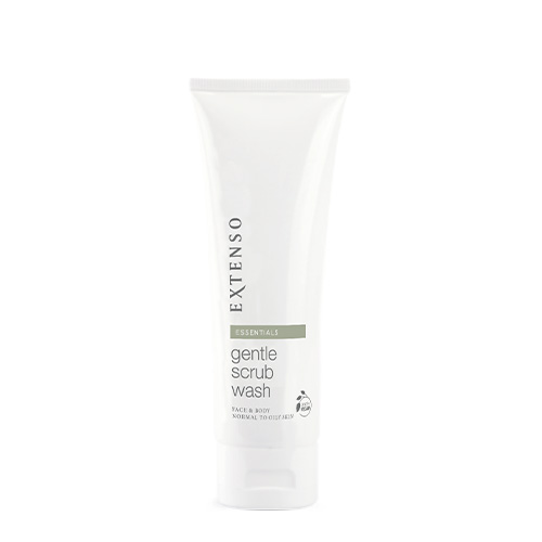 Witte tube Extenso Gentle Scrub Wash (150ml) tegen een witte achtergrond.