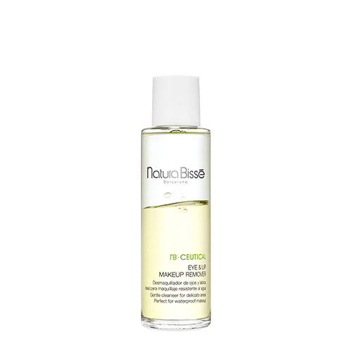 Een transparante flacon van Natura Bissé NB Ceutical Eye & Lip Makeup Remover met een witte dop, gevuld met een tweekleurige reinigingsvloeistof op een witte achtergrond.
