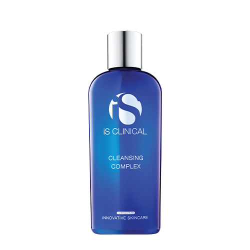Transparante blauwe flacon van iS Clinical Cleansing Complex diepe en milde gezichtsreiniger 180ml