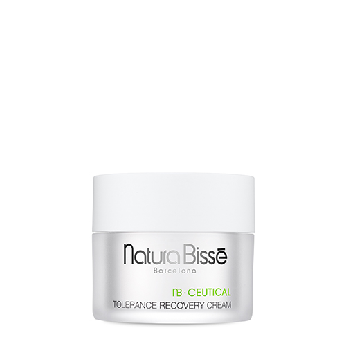 Een zilverkleurige pot Natura Bissé NB Ceutical Tolerance Recovery Cream van 50 ml met een witte dop, tegen een witte achtergrond.