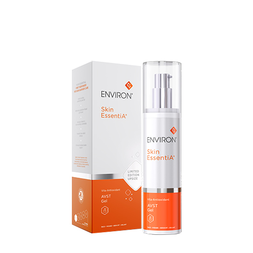 De witte flacon met pompsysteem en de bijbehorende productverpakking van Environ Skin EssentiA Vita Antioxidant AVST Gel limited edition upsize 100ml