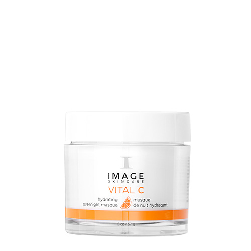 Een witte pot IMAGE Skincare Vital C hydrating overnight masque met oranje accenten op een witte achtergrond.