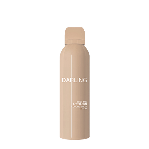 Een staande beige spuitbus van Darling Mist Me After-Sun Cooling Spray Lotion van 150ml op een witte achtergrond.